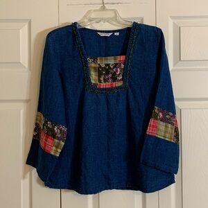 Liz & Jane Women’s Small Linen Floral Patchwork Beaded Denim Top Relaxed Fit. K1